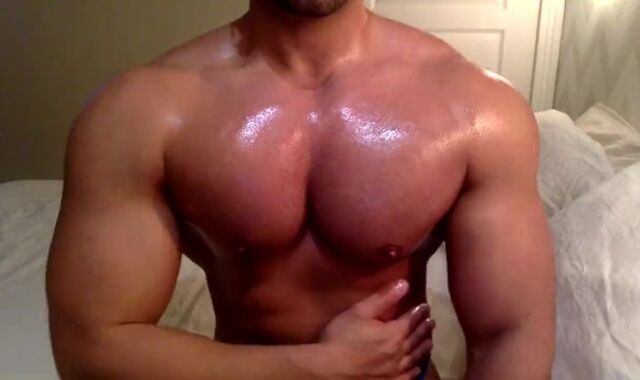 Lubing and adoring my good-sized bodybuilder torso and puffies