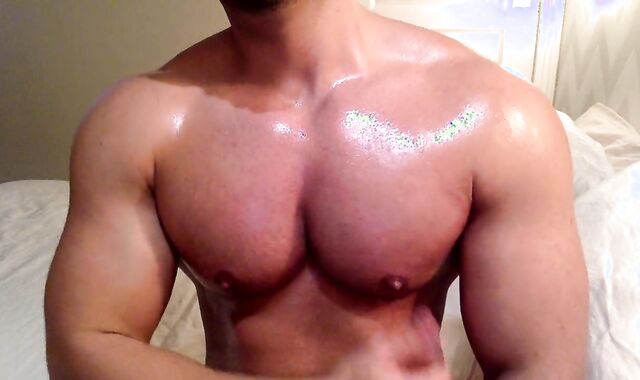 Lubing and adoring my good-sized bodybuilder torso and puffies