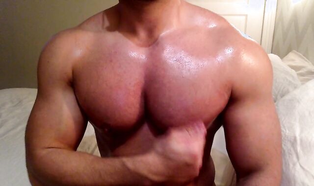 Lubing and adoring my good-sized bodybuilder torso and puffies