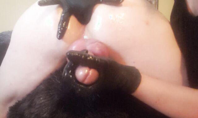 Gloved hands milk his beef whistle until he shoots a load. bum have joy included! ????????????