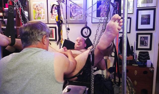 Sir T pushes a steel hard-on in my arse, & strokes me off to milk the cum out of my jizz-shotgun