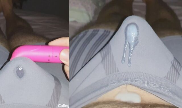 Jacking with two magic magic wands, cumming through underwear, jizz in boxers