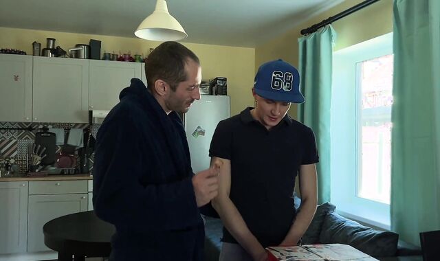 The boy glued the pizza courier and humped him for money