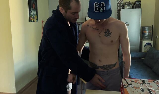 The boy glued the pizza courier and humped him for money