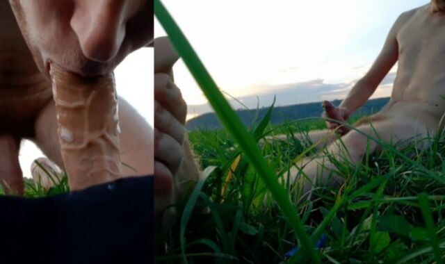 The guy finishes off on a bang stick and drinks his cum