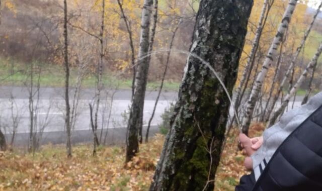 Uber-Cute dude milks big wool facialed jizz-shotgun near the road