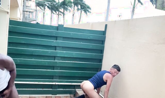 Risky Public Balcony Bi-Racial Strung Up Raw Bang-Festival Outdoors.