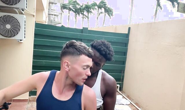 Risky Public Balcony Bi-Racial Strung Up Raw Bang-Festival Outdoors.