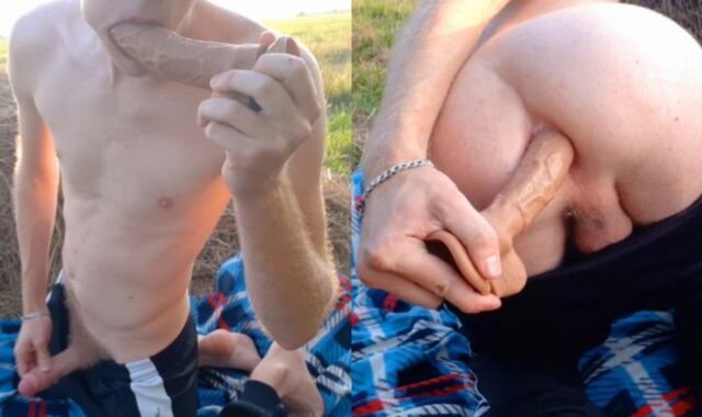 In a haystack, acquaintance boy screws his lollipop-wringing fuckhole with a good-sized fake-chisel