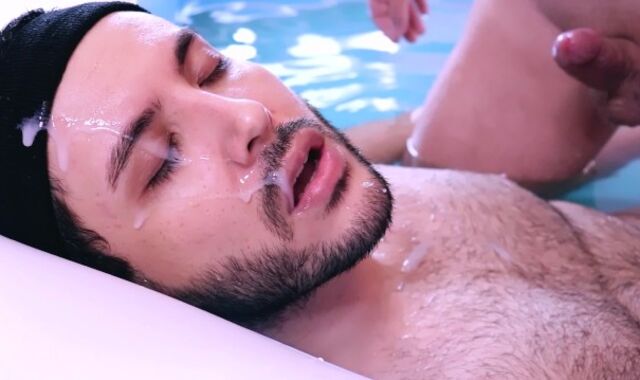 Bi-Curious cowboy screws step bro-in-law without a rubber in the pool and cum in gullet