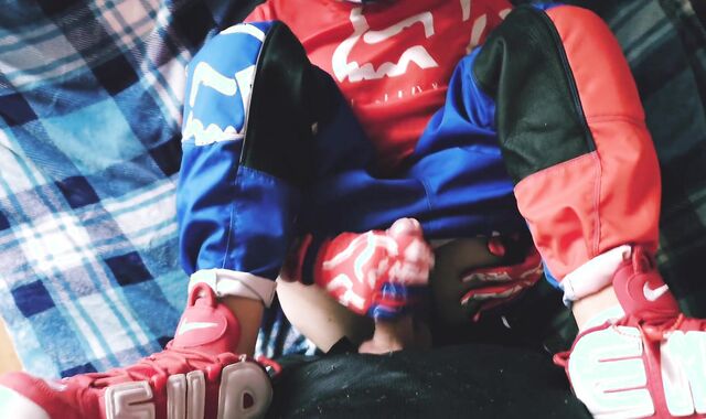 Motorcyclist boinks homie in motorcycle gear and mxhelmet