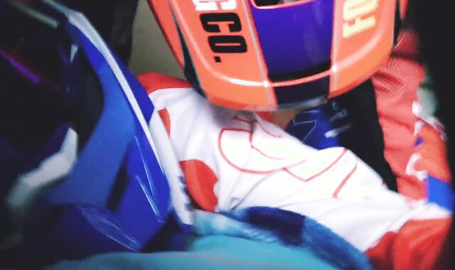 Motorcyclist boinks homie in motorcycle gear and mxhelmet