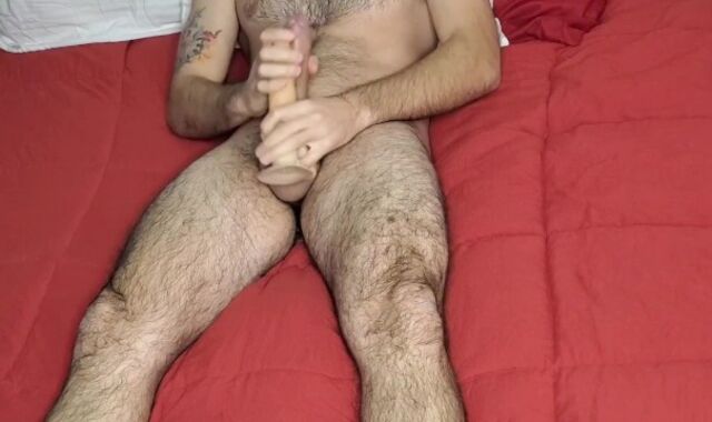 Bony Hippy Jerks Off with Faux Spear (Frotting With Jism Shot)