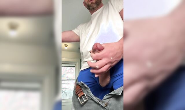 Construction worker solo male strokes off his massive perfect man sausage.