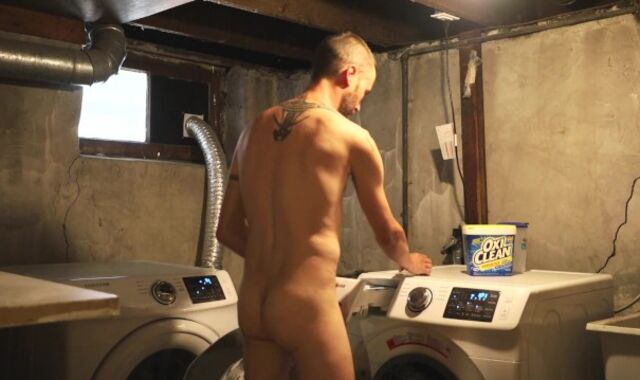 Scruffy Guy Blows a explosion after getting bare in a basement space laundry guest room