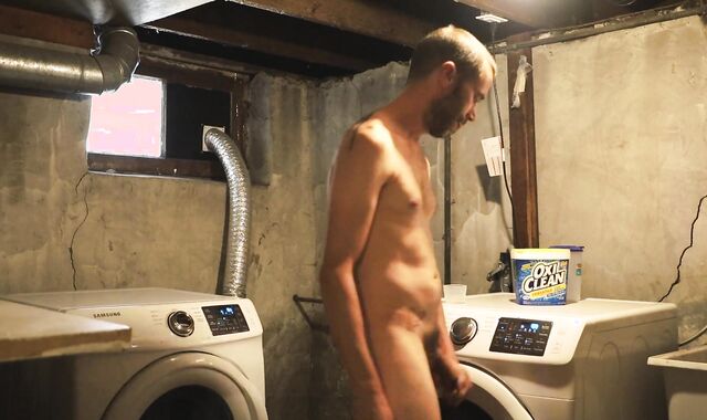 Scruffy Guy Blows a explosion after getting bare in a basement space laundry guest room