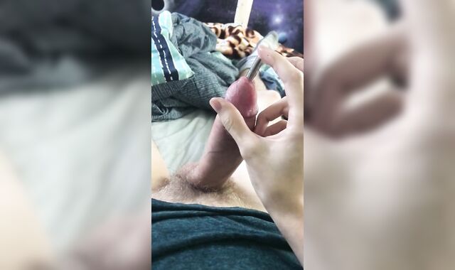 Youngster shoots metal sounding rod out of spunk-pump Phat spunk shot