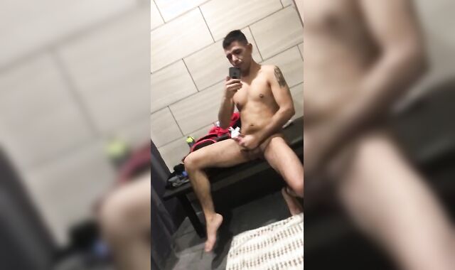 Milking off in the gym shower