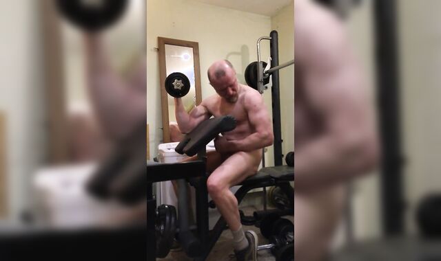 Humungous firm muscle boy gets turned on doing bicep curls, gets annoyed after failing last rep
