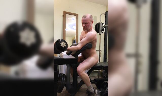 Humungous firm muscle boy gets turned on doing bicep curls, gets annoyed after failing last rep