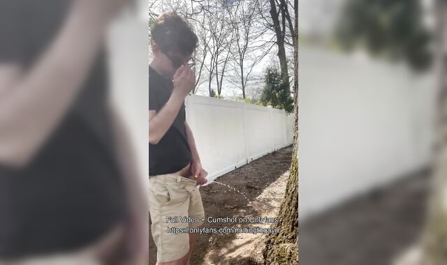Twink Stroking Off Outdoors in Backyard, Displaying Off Butt + Pissing