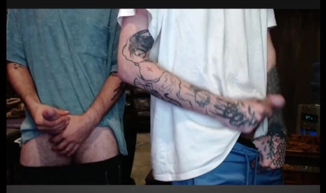 two bros flashing off their spears and rump together on web webcam