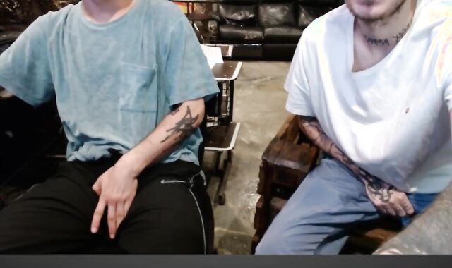 two bros flashing off their spears and rump together on web webcam