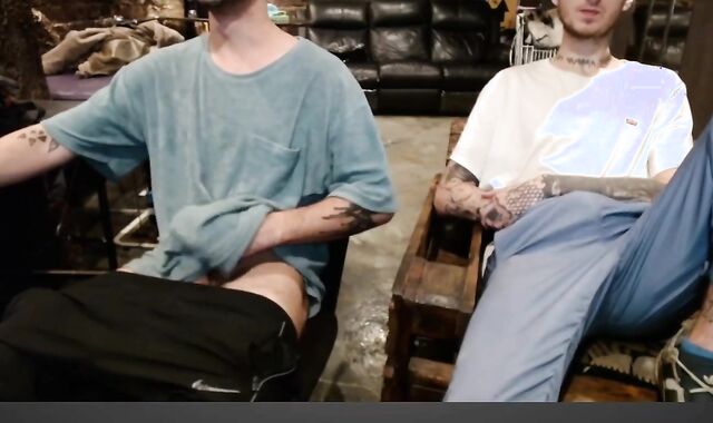 two bros flashing off their spears and rump together on web webcam