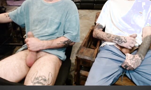 two bros flashing off their spears and rump together on web webcam