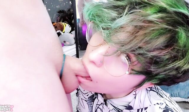 Young Green Haired Femboy Bitch Gets Face Fucked By Ample Twink Wood