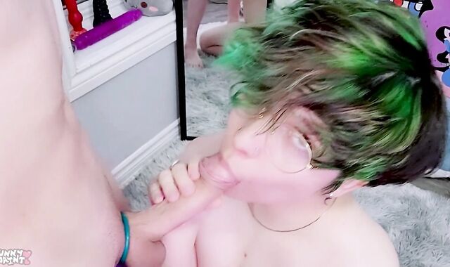 Young Green Haired Femboy Bitch Gets Face Fucked By Ample Twink Wood