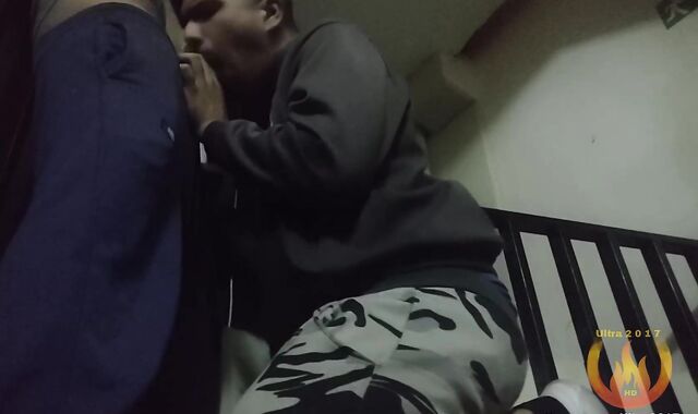 Deep-Sucking a stud in the Emergency stairs