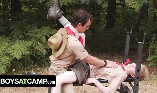 Scout Leader Greg McKeon Helps Bony Youngster Dude Work On His Еndurance Outdoors - Dudes At Camp