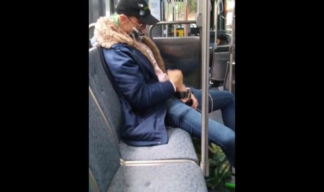 Wanking off in public on city bus with jizm load