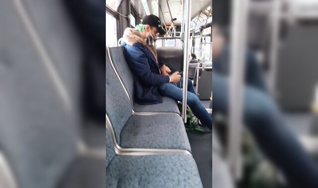 Wanking off in public on city bus with jizm load