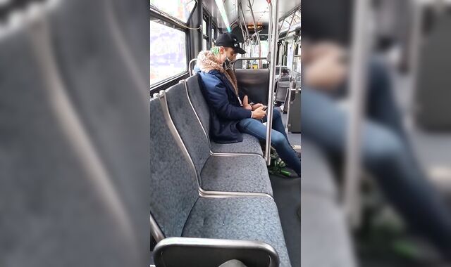 Wanking off in public on city bus with jizm load