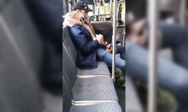 Wanking off in public on city bus with jizm load