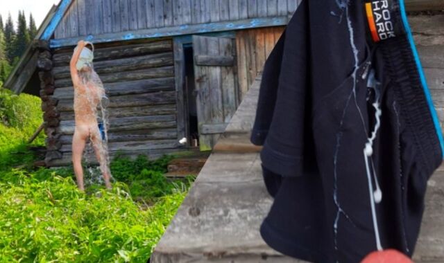 Village guy sopping himself with water in the morning and pulled out the accumulated jizm on his briefs