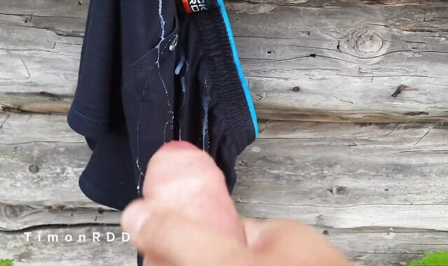 Village guy sopping himself with water in the morning and pulled out the accumulated jizm on his briefs