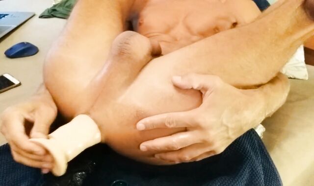 Kozzy is screwing his widely opened pulverize crevice with yam-sized fake-shafts and cuming lots of anal invasion orgasm