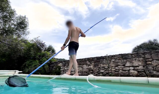 Youngster Pool Guy Likes His Job And Faps His Big Uncut Man-Meat By The Pool