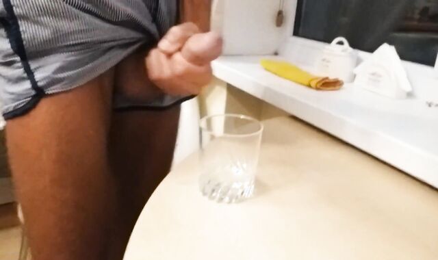 Wanking off a ample white man sausage and cuming in a glass