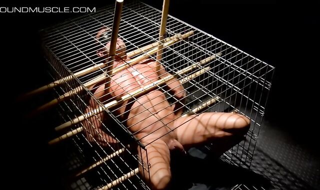 Caged Tyler Saint has a weight tied to his rod