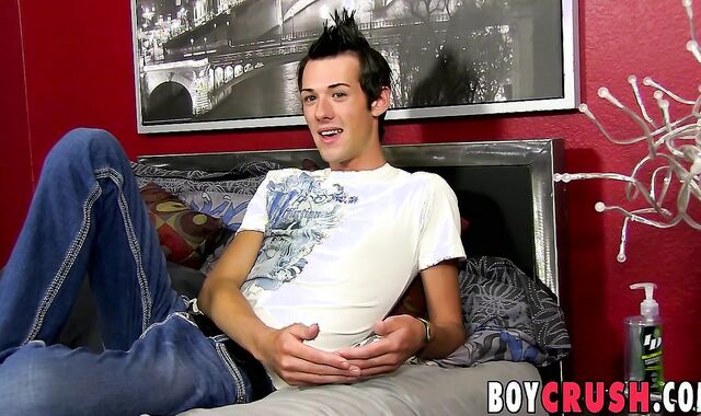 Interviewed young stud jacks while watching homo porn