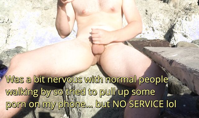 Jerking my monstrous man sausage at the public beach