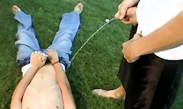 Platinum-Blonde gay Shane Allen peed on by Bleu Perry and Madrox