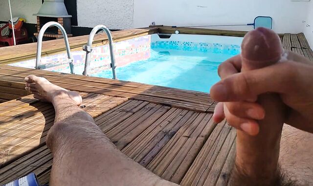 Fleshy jizm from humungous boner in the chill out pool