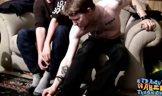 Joyful hillbilly fapping alongside straight jock homie