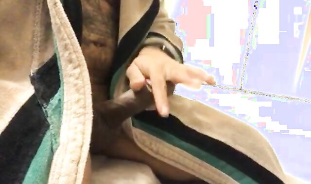 Milking off ample dark-hued boner before steaming bath