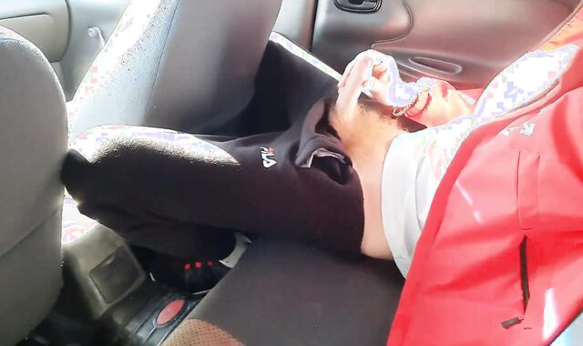 While the TAXI DRIVER smokes a fellow tears up himself with a FAUX BEEF WHISTLE found in his car
